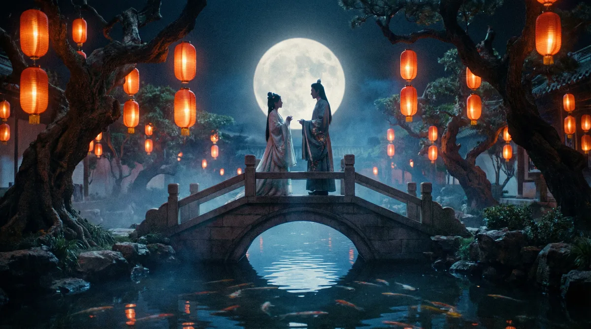 羞羞漫画古典爱情片拍摄剧照-月下花园场景